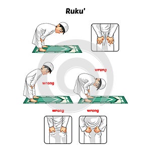 Muslim Prayer Position Guide Step by Step Perform by Boy Bowing and Hands Holding The Knee with Wrong Position