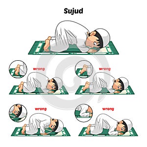 Muslim Prayer Position Guide Step by Step Perform by Boy Prostrating and Position of The Feet with Wrong Position photo