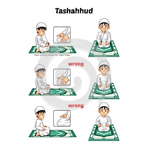 Muslim Prayer Position Guide Step by Step Perform by Boy Sitting and Raising The Index Finger with Wrong Position