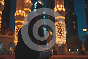 Muslim prayer sitting in front of mosque at Ramadan night with selective focus, neural network generated image