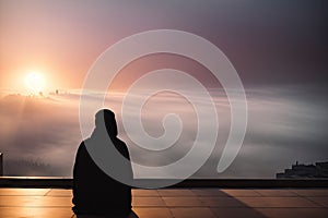 Muslim praying in a mystical environment, silhouette, no face visible, generative ai, color grading