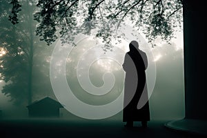 Muslim praying in a mystical environment, silhouette, no face visible, generative ai, color grading