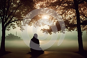 Muslim praying in a mystical environment, silhouette, no face visible, generative ai, color grading