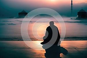 Muslim praying in a mystical environment, silhouette photo, no face visible, generative ai, color grading, islam religion concept