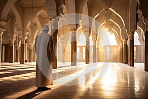 Muslim priest, also known as an Imam, standing in prayer within the beautiful confines of a mosque. AI Generated