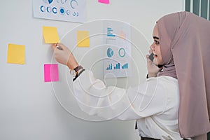 Muslim professional organizing tasks with sticky notes while on a business call.