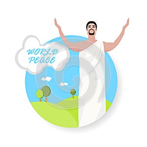 Muslim prophet with cloud Peace word . illustration on universal goal on green natural background.