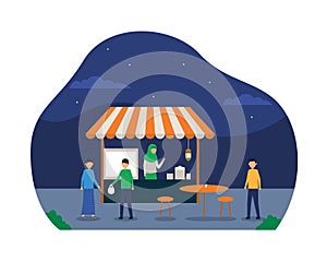Muslim selling halal food for sahur predawn break meal before fasting time on ramadan month concept vector flat illustration