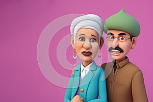 Muslim senior couple looking distressed or worried in 3D render style, Generative AI