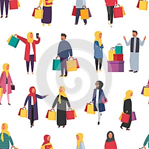 Muslim shopping people with bags. Seamless Vector illustration