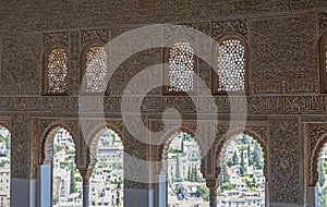 Muslim style windows in the Nasrid palaces of the Alhambra in Granada, Spain