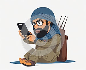 Muslim terrorist using smartphone. Generative Ai