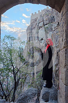 Muslim tourist visiting Afyonkarahisar castle in Afyon city