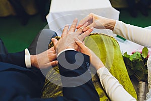 Muslim wedding rite. Bride and groom sitting on the floor in the moqsue. Muslim Wedding prayers. Nikah.