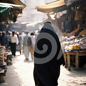 A muslim woman in abaya walking through a market a bright headscarf showing her refusal to be oppressed.. AI generation