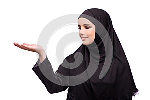 The muslim woman in black dress isolated on white