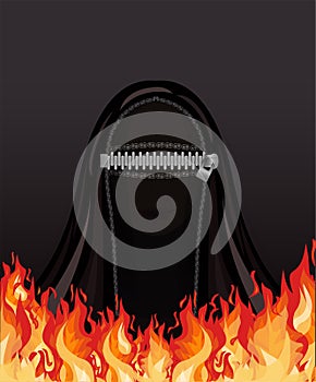 Muslim woman in burka zippered and fire, background