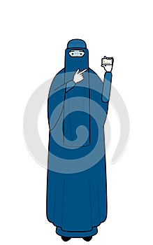 Muslim woman in burqa recommending credit card payment