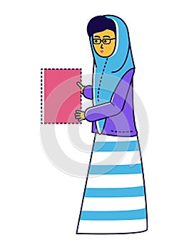 Muslim woman character hold document paper folder, female dressed in dress hijab flat line vector illustration, isolated