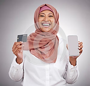 Muslim woman, credit card and phone screen in fashion e commerce, online shopping or advertising mockup in studio