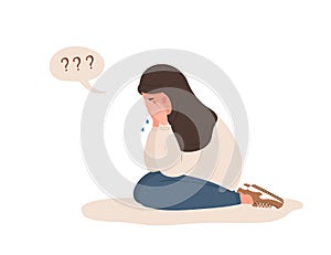 Muslim woman in depression. Sad teenager in hijab sitting on floor and crying. Violence in family or mood disorder