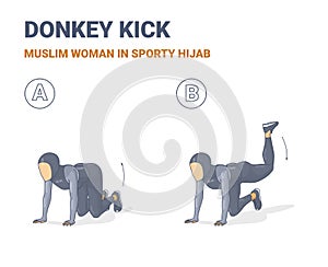 Muslim Woman Doing Donkey Kick Home Workout Exercise in Sporty Hijab Guidance Colorful Illustration.