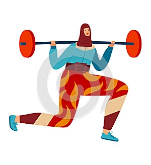 Muslim woman doing sports, strength training on lifting barbell, active lifestyle, cartoon vector illustration, isolated