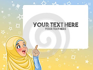Muslim woman excited pointing finger up at blank copyspace