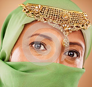 Muslim, woman face and fashion portrait with hijab for islamic beauty, religion jewelry and culture traditional wear