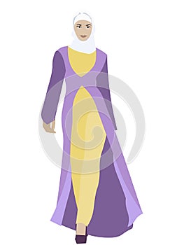 Muslim woman in folk clothes. Islamic religion, fashion abaya. In minimalist style. Cartoon flat Vector
