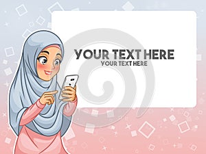 Muslim woman hand touching a smart phone by pointing with her finger