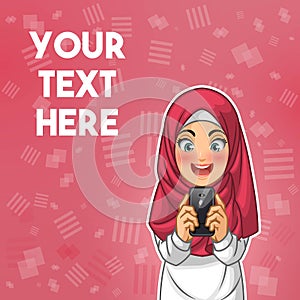 Muslim woman happy while looking her smartphone vector illustration