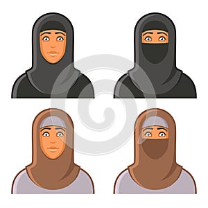 Muslim Woman in Hijab Avatars Set. Vector