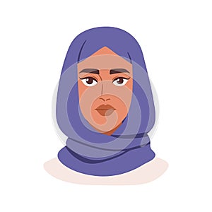 Muslim woman in hijab, face portrait, avatar. Beautiful Arab female character wearing headscarf, traditional Islamic photo
