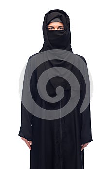 Muslim woman in hijab over white background