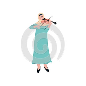 Muslim Woman in Hijab Playing Violin, Female Arab Musician Character in Traditional Clothing Vector Illustration