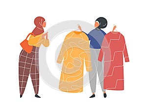 Muslim Woman in hijab shopping in clothes store. Flat design vector.