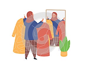 Muslim Woman in hijab shopping in clothes store. Flat design vector.