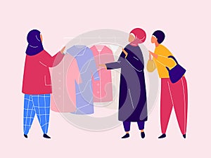 Muslim Woman in hijab shopping in clothes store. Flat design vector.