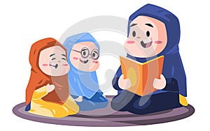 muslim woman with hijab teaching holy book alquran Quran with children modern cartoon flat color style isolated vector
