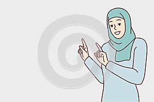 Muslim woman in Islamic paranja points to side recommend to pay attention. Vector image