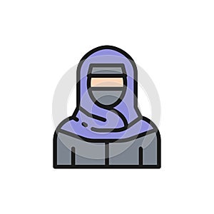 Muslim woman in niqab, traditional arabic dress flat color line icon.