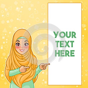 Muslim woman pointing finger to the left side at copy space