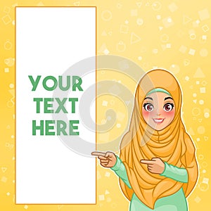 Muslim woman pointing finger to the right side at copy space