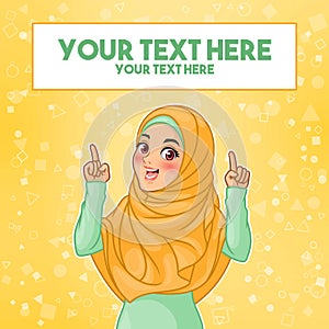 Muslim woman pointing finger up at copy space