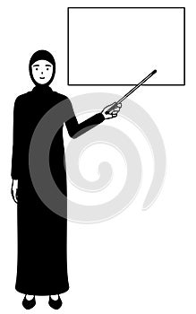 Muslim Woman pointing at a whiteboard with an indicator stick