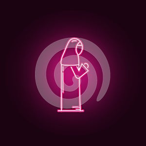 Muslim woman praying neon icon. Elements of Religion set. Simple icon for websites, web design, mobile app, info graphics