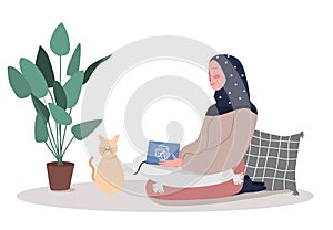 Muslim woman reading quran sitting during Ramadan kareem. vector flat illustration of Islam activities