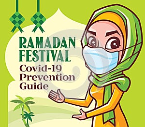 Muslim woman showing and pointing on Ramadan Festival Standard operating procedure guidelines signboard