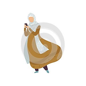 Muslim Woman standing with Smartphone, Modern Arab Girl in Traditional Clothing in Daily Routine Activity Vector